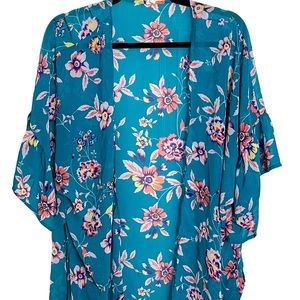 Pink Blush Teal Floral Kimono Topper | Side Slits | Large